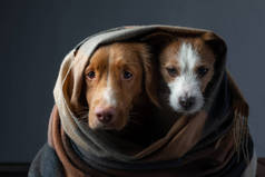 两只戴围巾的狗。新斯科舍省的鸭托林猎犬和杰克罗素泰里尔。家里的宠物