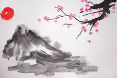 日本绘画，背景为白色，有太阳、小山和樱花分枝