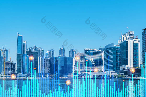 迪拜商业中心的摩天大楼。西亚国际贸易和金融服务中心。FOREX图表和图表概念。加倍暴露。迪拜运河海滨.