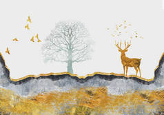 3D现代壁画墙纸，深蓝色丛林，森林背景。金鹿，黑色的圣诞树，高山，月亮和鸟儿。适合用作墙壁框架的景观 . 