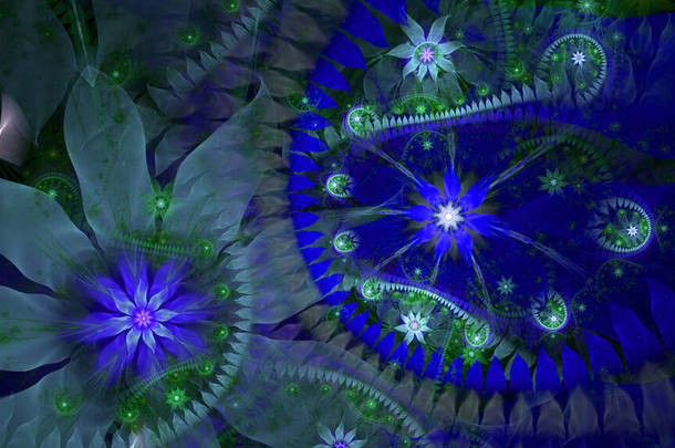 抽象的分形背景，巨大而独特的几乎是迷幻的空间花朵，有着复杂的装饰几何图案的其他恒星和围绕着它们的花朵，它们都是闪亮的、充满活力的颜色