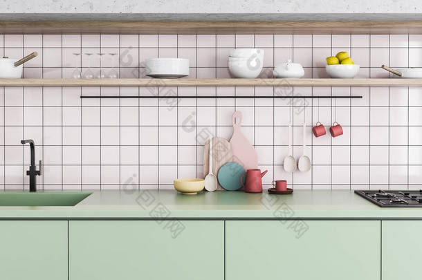 <strong>现代设计</strong>的厨房内部特写镜头。3d 渲染.