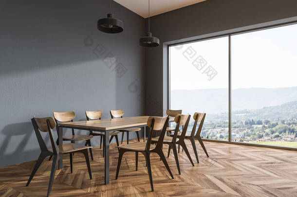 全景餐厅角落里有灰色的墙壁, 一层木地板, 还有一张有椅子的木桌。3d 渲染模拟