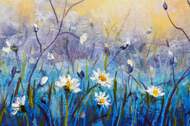 原始花卉油画野花, <strong>洋甘菊</strong>--蓝色田野上的白色小花。florall 艺术品.