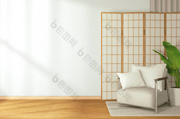热带禅室室内设计，模仿日本风格。 3D渲染