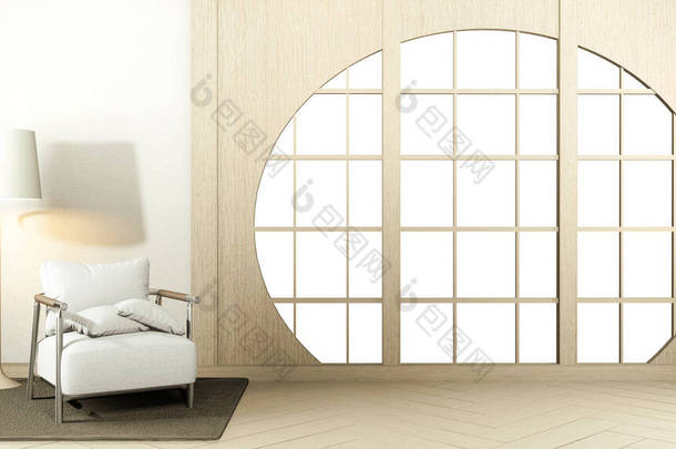 室内模拟日本室内设计日本风格，白色背景为编辑提供了一个窗口。3D渲染