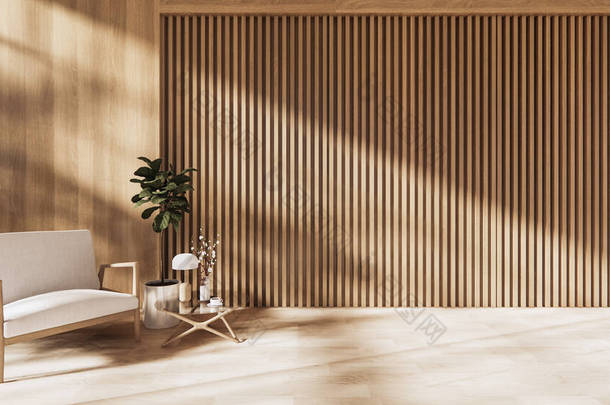 室内设计有一个扶手椅空房间日本的设计，3D渲染