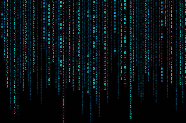 01或二进制数字在计算机屏幕上的显示器矩阵背景, 数字数据代码在黑客或安全保障技术的概念。抽象例证