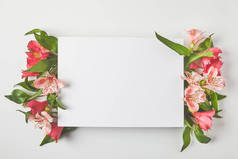 空白卡片和美丽的粉红色的花在灰色的顶部看法