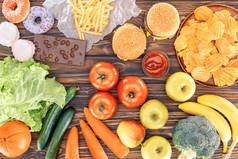 餐桌上蔬菜和各式不健康食品的鲜水果观 