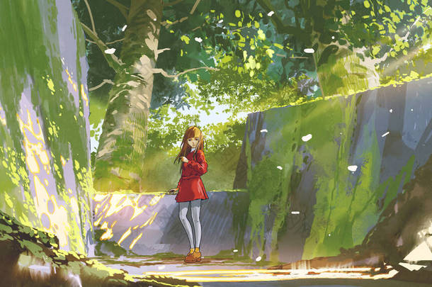 红色的年轻女子站在废弃的公园，数码艺术风格，插图<strong>绘画</strong>
