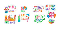 手绘的水彩标志设置为孩子俱乐部。操场上的促销符号和儿童娱乐中心的集合.