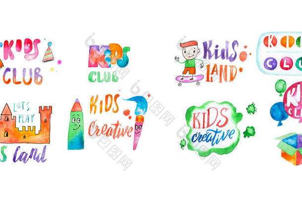 手绘的水彩标志设置为孩子俱乐部。操场上的促销符号和儿童娱乐中心的集合.