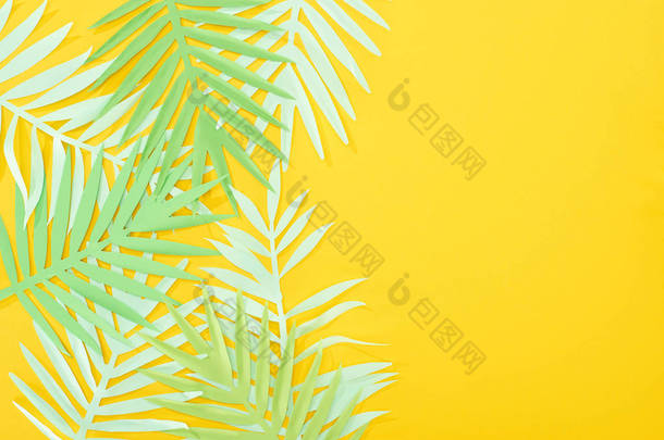 在黄色明亮的背景上剪绿色热带叶子的顶视图,复制空间