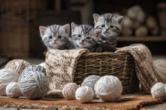 一群带条纹的小猫咪在一个装有纱线球的旧篮子里