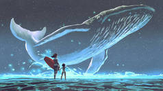 妈妈和女儿看着鲸鱼，蓝光在夜空中飘扬，数码艺术风格，插图绘画