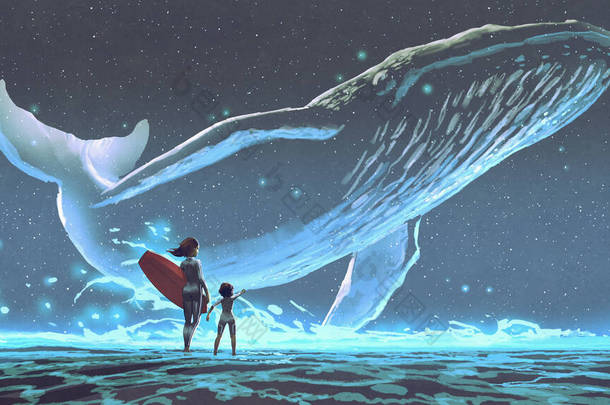 妈妈和女儿看着鲸鱼，蓝光在夜空中飘扬，数码<strong>艺术</strong>风格，插图绘画