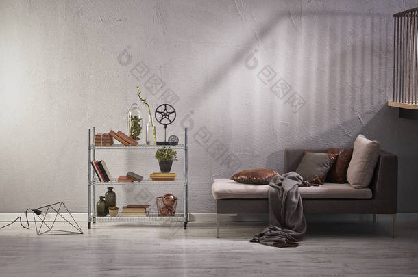 灰色石墙豪华客厅和室内设计与沙发