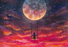 在美丽的紫色粉色夕阳和星空的映衬下，画中的女孩在空中荡秋千。童话或书画的浪漫奇景.