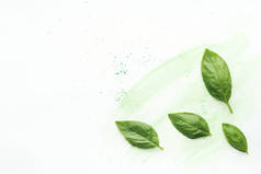 绿色水彩笔触白色表面芳香罗勒叶的顶部视图