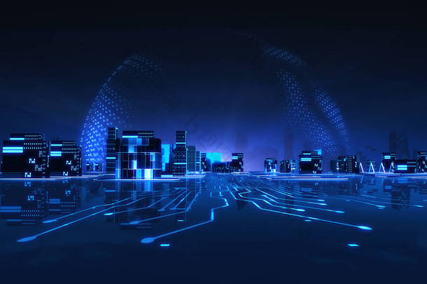 具有<strong>能量</strong>球<strong>背景</strong>的城市景观设计未来3D城市霓虹灯.