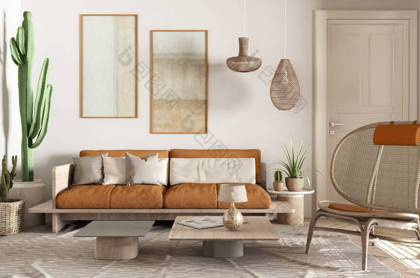 斯堪的纳维亚族橙色和木制客厅。<strong>沙发</strong>和咖啡桌，有枕头的木制扶手椅，地毯和吊灯。多汁的植物。现代<strong>室内</strong>设计理念