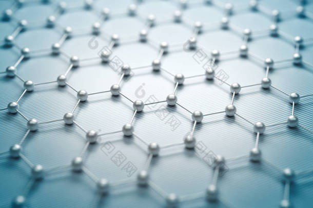 石墨烯分子网格, 石墨烯原子<strong>结构</strong>概念, 六角几何形式, 纳米技术背景3d 渲染