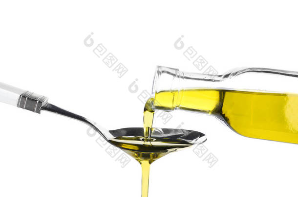 从玻璃瓶<strong>倒入</strong>橄榄油到勺子上白色背景