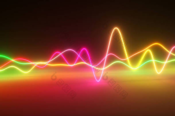 色彩艳丽的霓虹灯发光图形均衡器. 五彩斑斓的信号频谱,激光显示,能量,声音振动和波纹. 3d说明