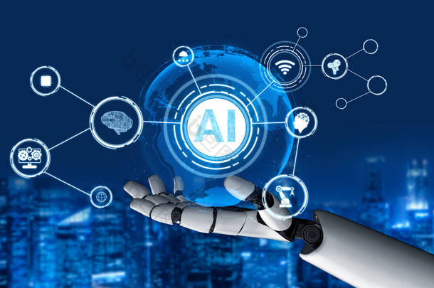 3D渲染未来机器人技术的发展、人工智能人工智能和机器学习的概念。全球机器人<strong>生物</strong>科学研究促进人类生活的未来.