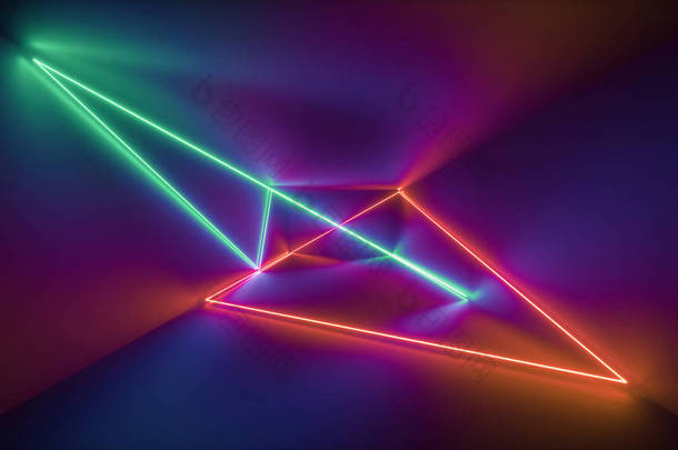 3d 渲染, <strong>发光</strong>线, 霓虹灯, 抽象迷幻背景, 紫外线, 彩虹鲜艳的颜色, 激光显示