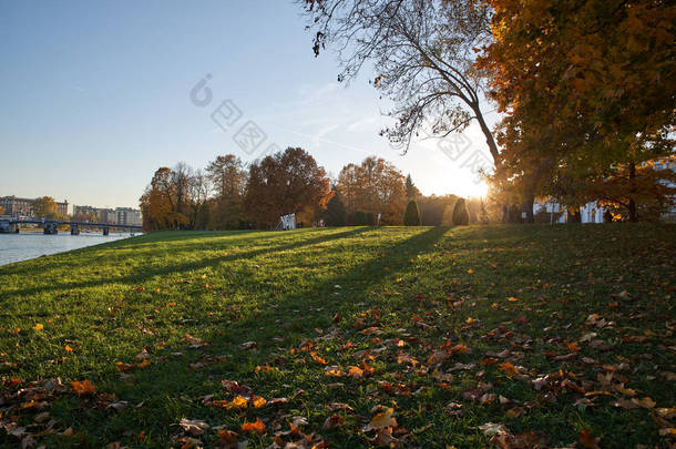 秋天在圣彼得堡，美丽的城市公园附近的湖。阳光明媚的公园的秋天景观。城市公园与秋天的<strong>树</strong>木和池塘在柔和的光线
