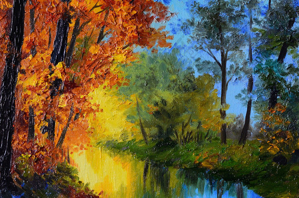 <strong>油画</strong>-秋天的树林，当一条河