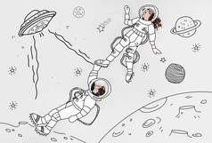 创意手绘拼贴画与情侣在宇航服和飞碟