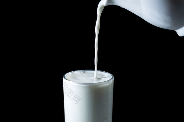 流注入隔离在黑色背景上一杯<strong>牛奶</strong>从一个罐子