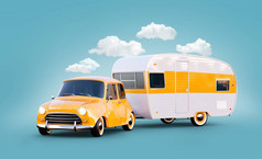 与白色拖车的复古车。不寻常的经典的商队的 3d 插图。野营和旅游概念