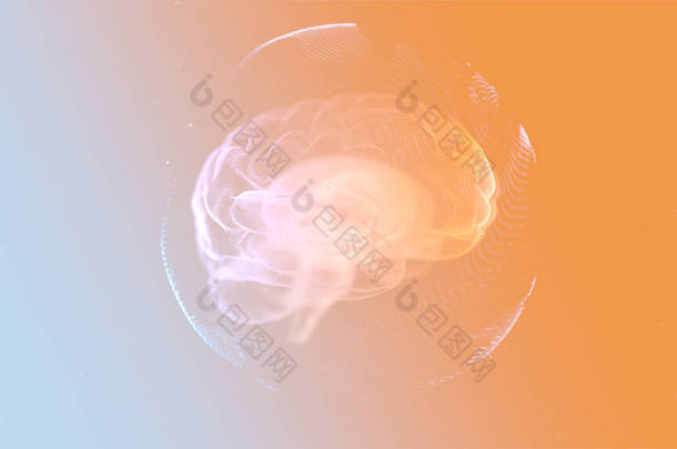 Intellectual property concept. 3d render animated brain inside protection sphere over orange backgro