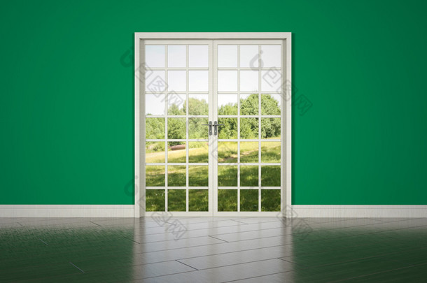 绿墙背景上的白色房间门