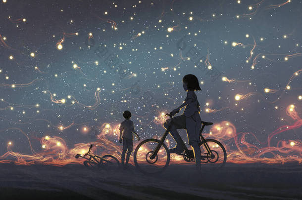 年轻夫妇凝视着夜空中的神秘<strong>光芒</strong>，数码艺术风格，插图绘画