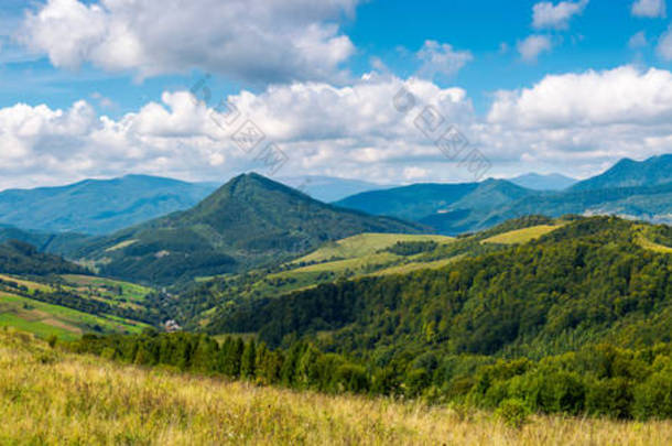 风景秀丽的全景。在初秋的草甸和森林丘陵。远处有云的蓝天下的山脊