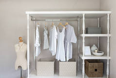 白色彩色衬衫挂在铁轨上经典风格的木制衣柜, 室内设计理念