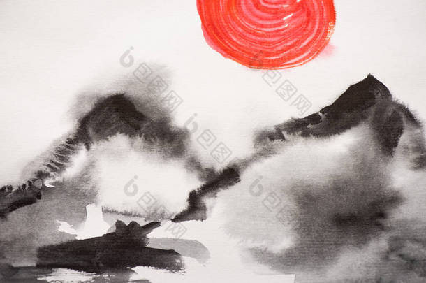 白色背景下的山与红太阳的日本绘画