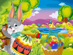 动画片愉快的复活节兔子与美丽的复活节蛋在自然春天背景-例证为孩子
