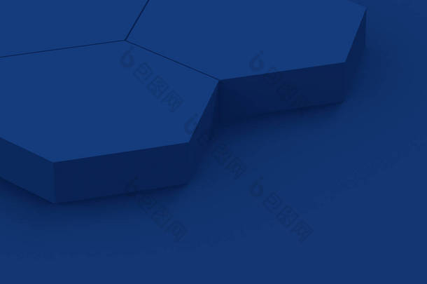 3D蓝暗六边形讲台最小工作室<strong>背景</strong>。3D几何图形对象图形渲染。在线业务和技术产品的显示.