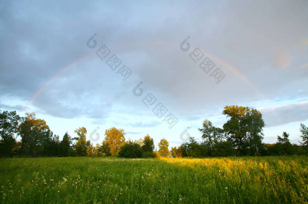 夏景戏剧化的云彩在黄昏的草地上，彩虹在雨后