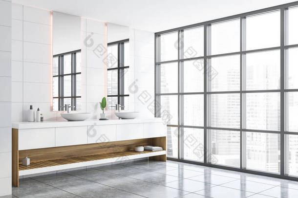舒适的双层水槽矗立在时尚的浴室角落，白色的墙壁和混凝土地面。3d渲染