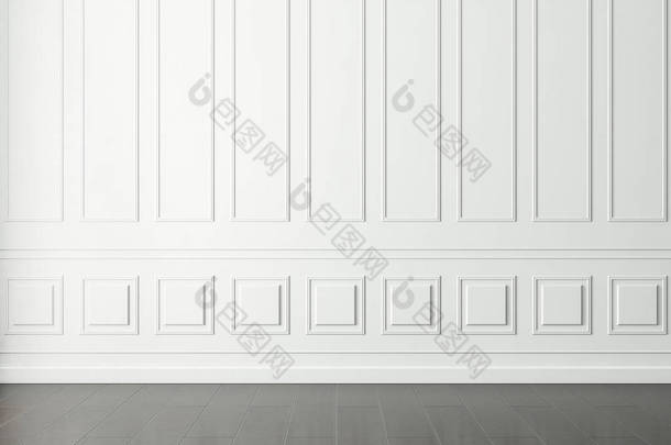 白色空房间墙壁，木<strong>地</strong>板造型，3D渲染