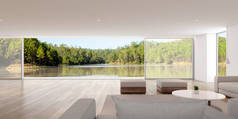 透视现代豪华客厅与白色坐式和湖景背景，家庭度假理念 - 温暖的木材室内设计，大窗户房子的建筑理念 - 3D渲染.