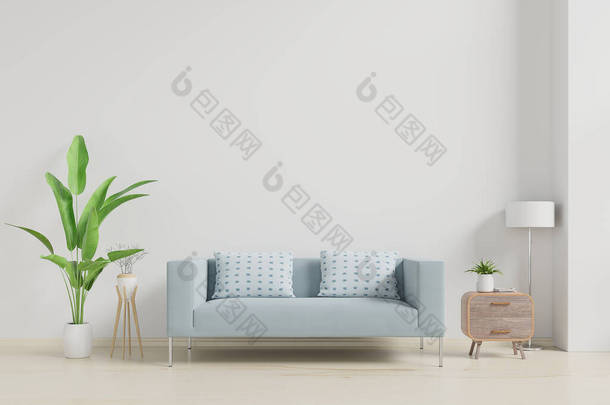 现代客厅内饰有沙发和绿色植物,灯具,白墙背景的桌子.3d渲染