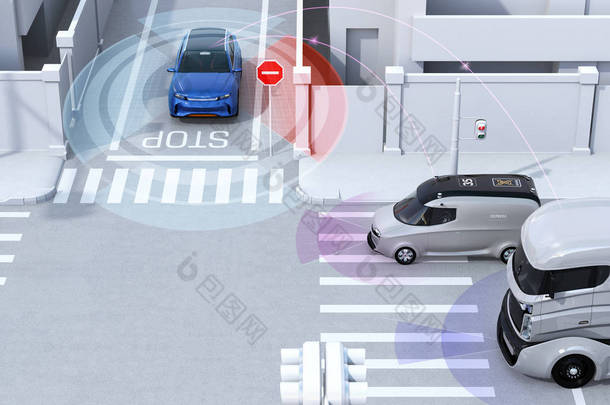 蓝色 Suv 在单行道上检测到车辆的盲点。连接的汽车概念。3d 渲染图像.